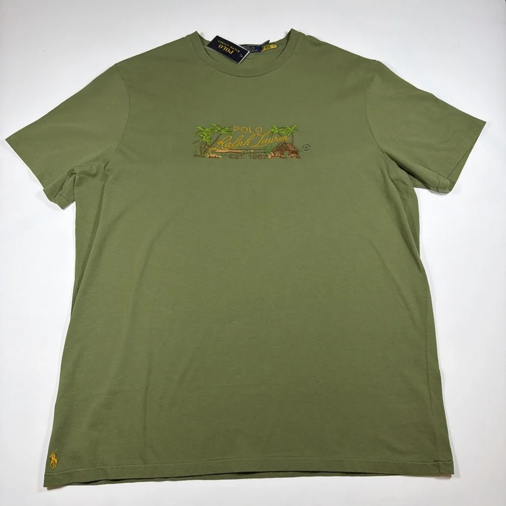 Polo Ralph Lauren Shirt Men's 2LT T-Shirt Embroidered Palms Tiki Hut Green NWT
